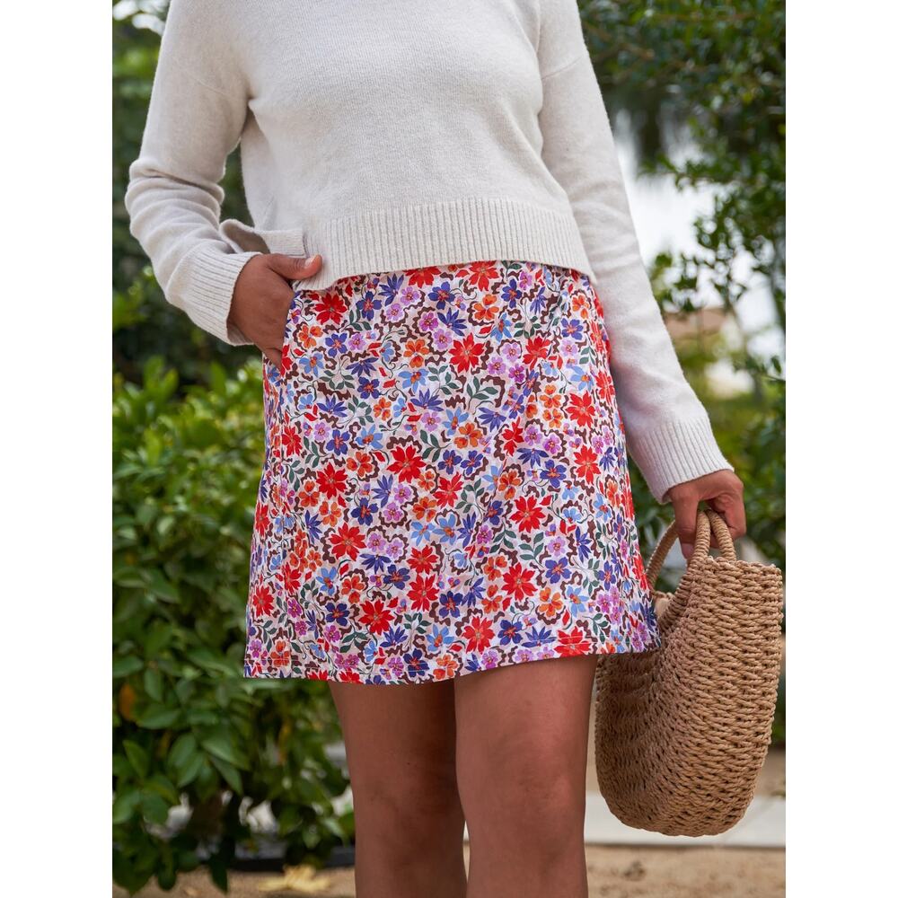RipSkirt Hawaii Garden Confetti Print Wrap Mini Skirt Poppy Reds Periwinkles M
